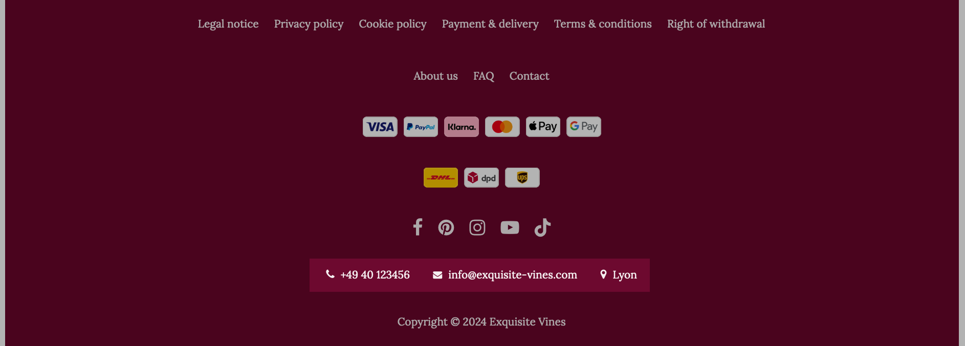 Example for the display of contact/location details in a row layout footer