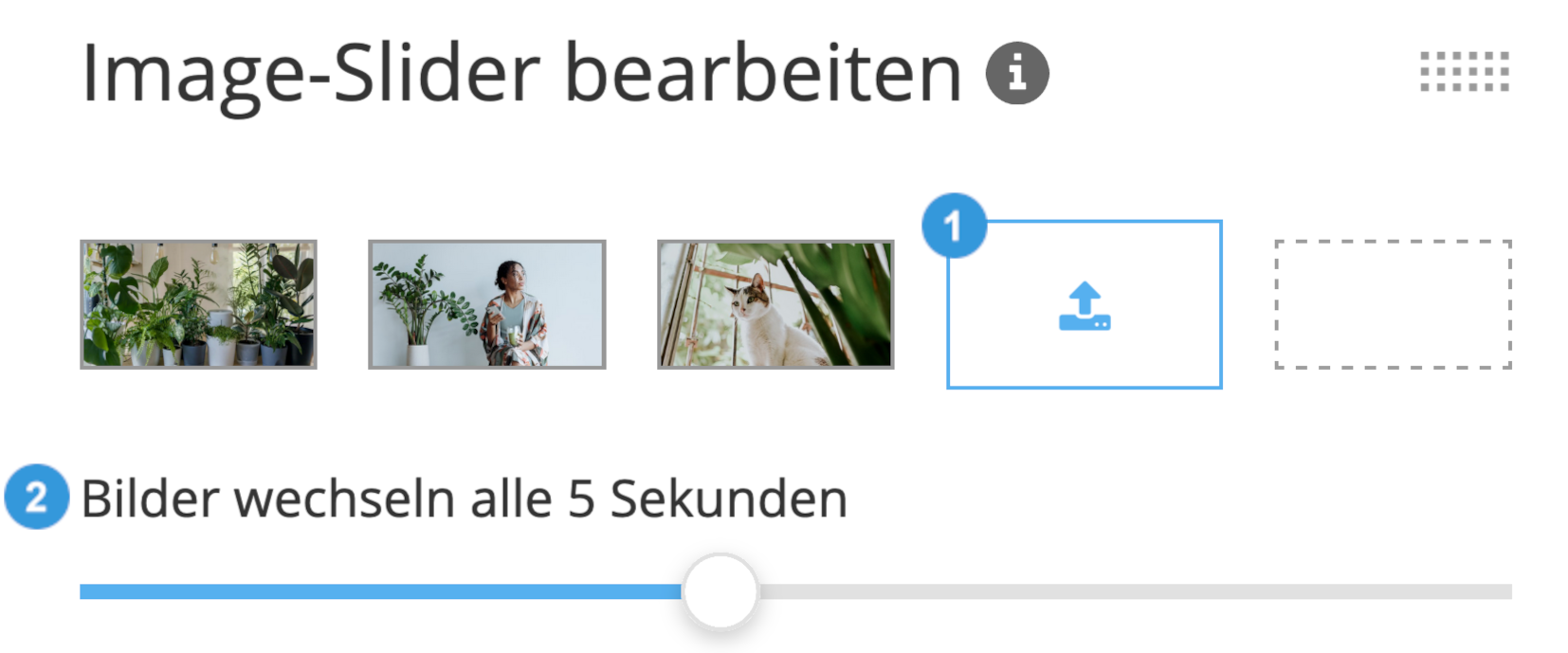 Screenshot der Benutzeroberfläche mit dem Image-Slider mit den Nummern 1 und 2