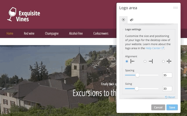 GIF showing how to adjust the logo settings