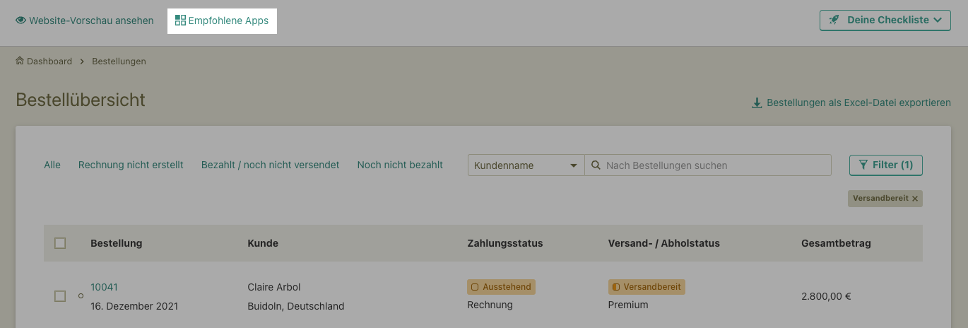 Beispiel Empfohlene Apps in der oberen Leiste